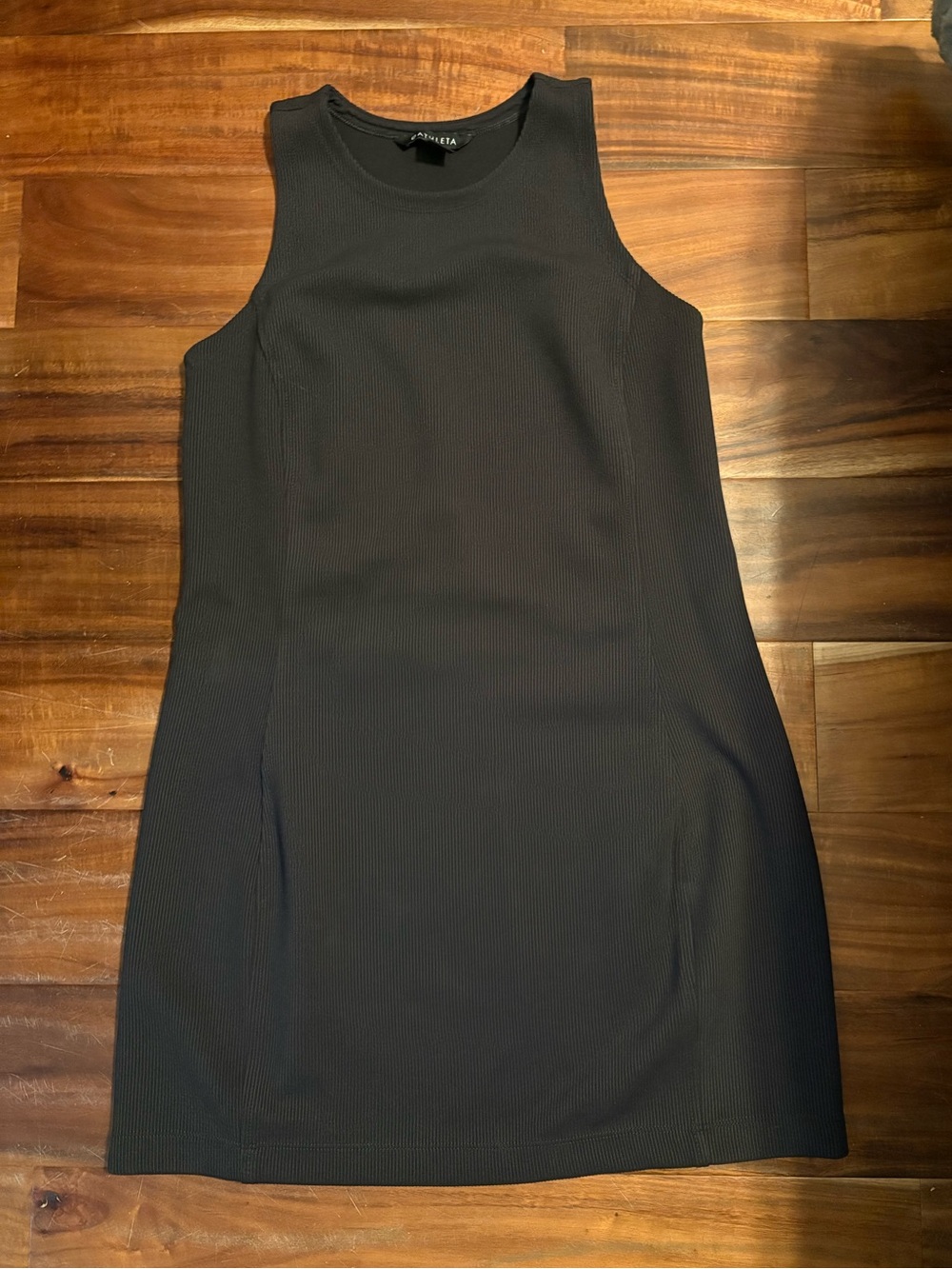 Athleta Black Ribbed Sleeveless Shift Dress Size Small Pockets (510)